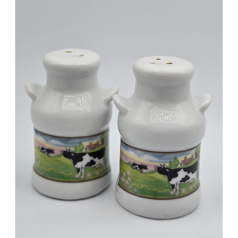Vintage 90s Artmark Ceramic Cow Milk Can Salt and Pepper Shakers Set Farmhouse